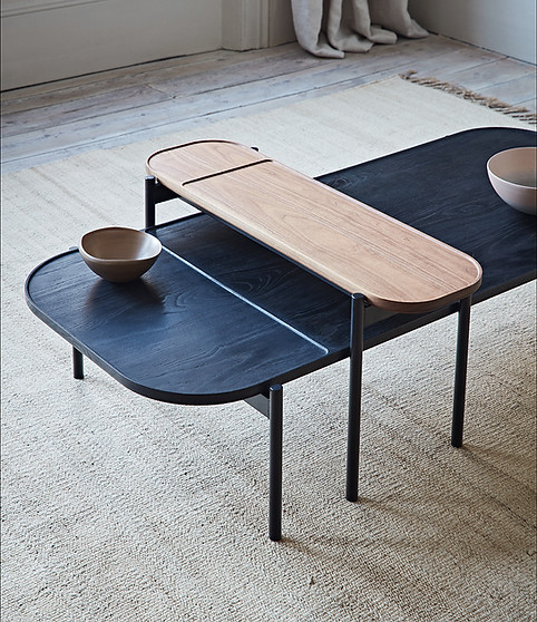 Riley Coffee and Over table in Black stain and Walnut by DARE