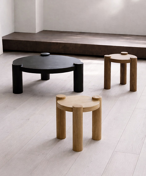 Clyde coffee and side tables in Walnut, Oak and black stain by DARE