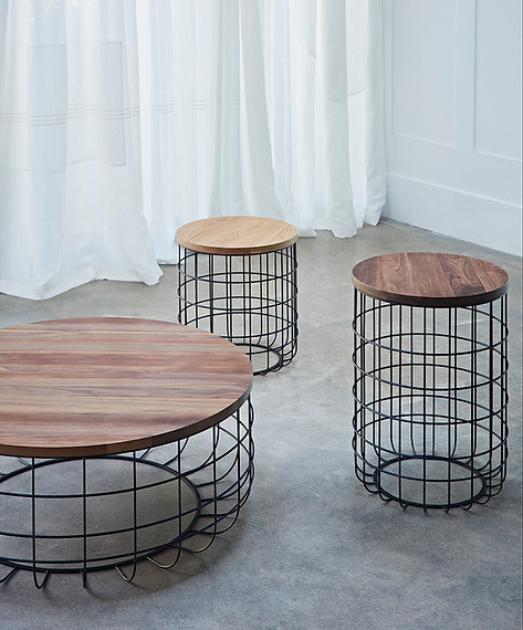 Wire table with Walnut and Oak tops by DARE