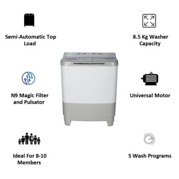 Thumbnail: Lloyd HT 8.5Kg 5 Star Semi-Automatic Top Load Washing Machine (GLWMS85HT1, Grey)