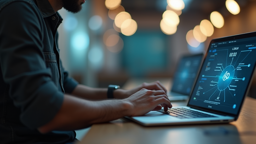 Close-up view of a young entrepreneur working on a laptop with AI software