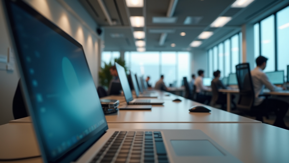 Eye-level view of a modern office workspace with digital devices