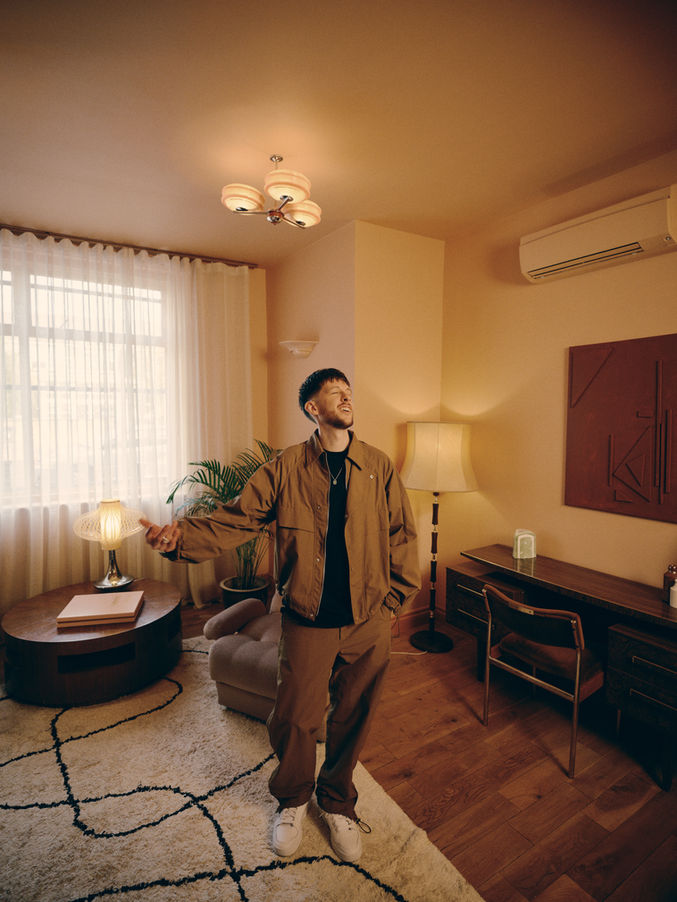 British producer and DJ Bruce Fielder photographed in lounge, stylist Millie Cullum