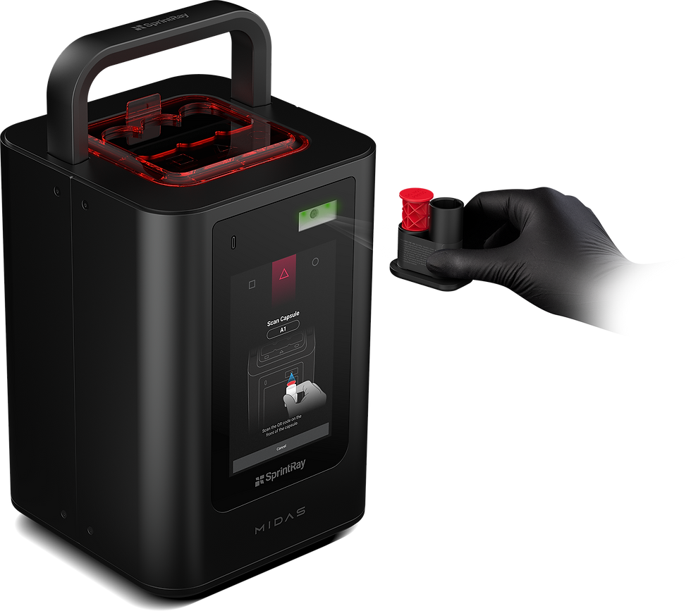 A black device with a touchscreen, labeled SprintRay MIDAS, showing a scan prompt. Gloved hand holds a capsule near the scanner.