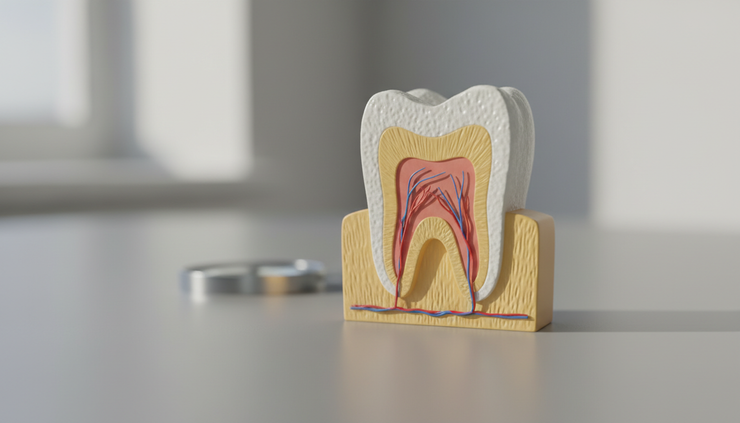 Macro view of a tooth model showing outer enamel and inner dentin.