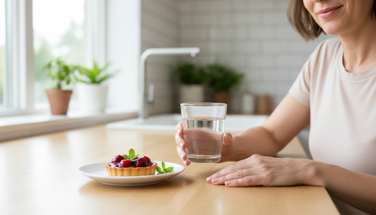 Eye-level view of a person rinsing with water after eating a small dessert.