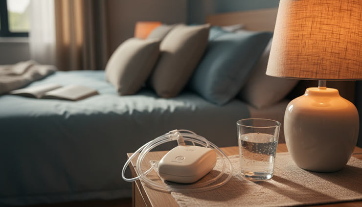 Close-up view of a bedside home sleep test device with soft sensors.