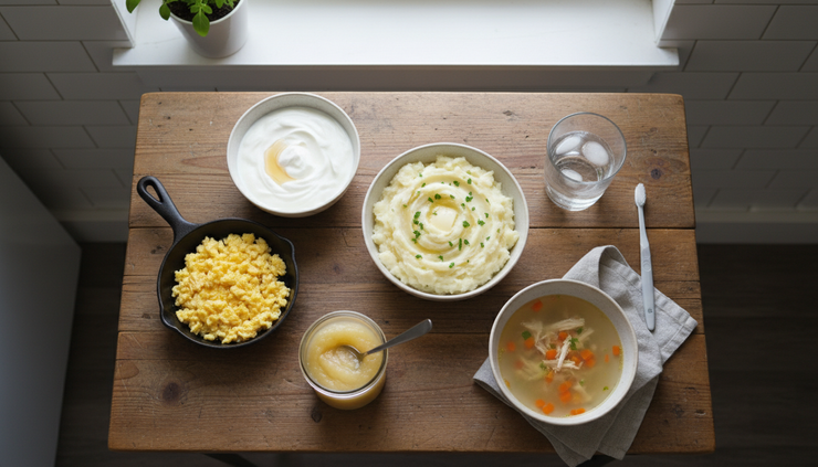 Overhead view of soft recovery foods arranged on a kitchen table.