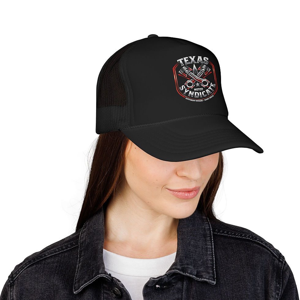 Thumbnail: Texas Syndicate Motorcycle Trucker Hat - Distressed Skull & Pistons Foam Cap