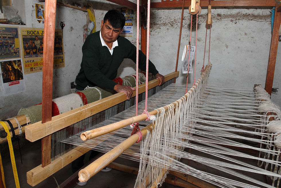 In an Argentine workshop, an artisan carefully weaves fabric on a traditional loom, each thread reflects generations of craftsmanship. The scene captures the rhythm and heritage of a handmade textile traditions