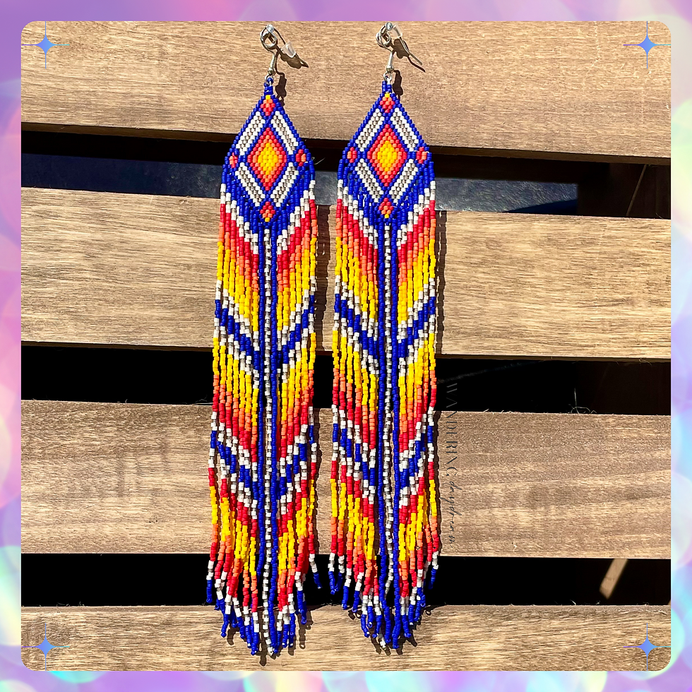 Handmade beaded fringe earrings that are made with primary colors. They have fringe that dance with you.