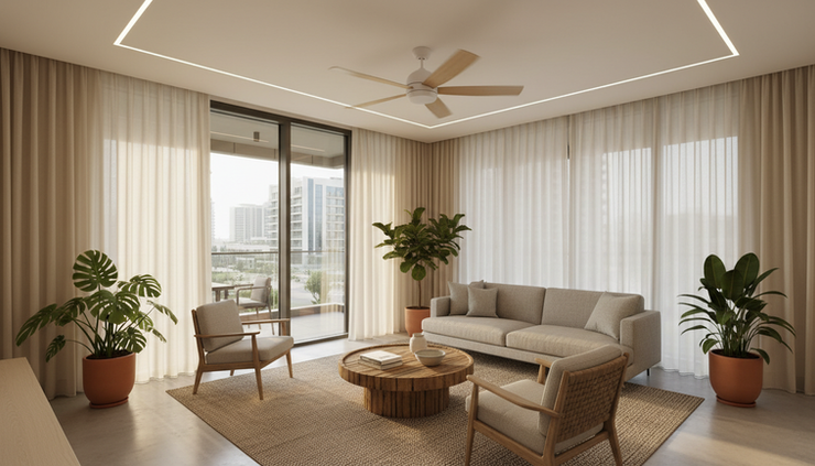 Wide-angle view of a modern apartment living room in Dubai using daylight through shaded windows