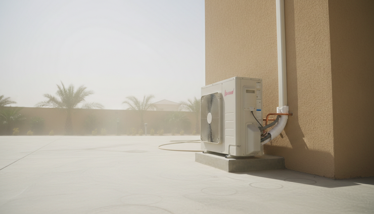 Wide-angle view of a residential AC unit running outside a villa in hot summer light