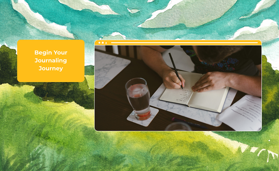 Alt text: Background illustration with photo and text. Photo: A person writing in a journal with a printed paper beside them and a glass of water. Text: ‘Begin Your Journaling Journey’.