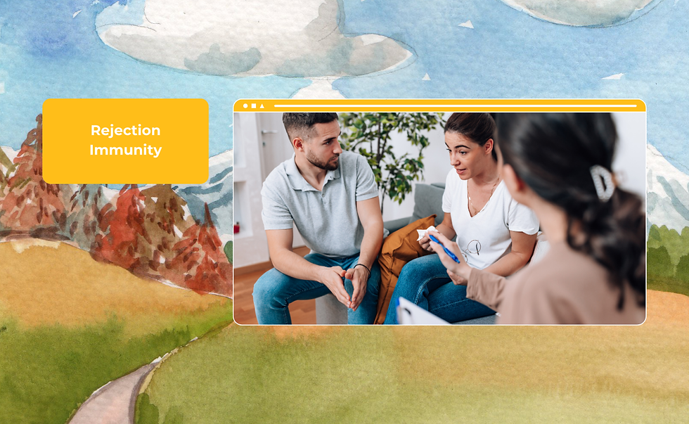 Background illustration with text and pictures. Text: “Rejection Immunity”. Picture: There are three people discussing with each other.