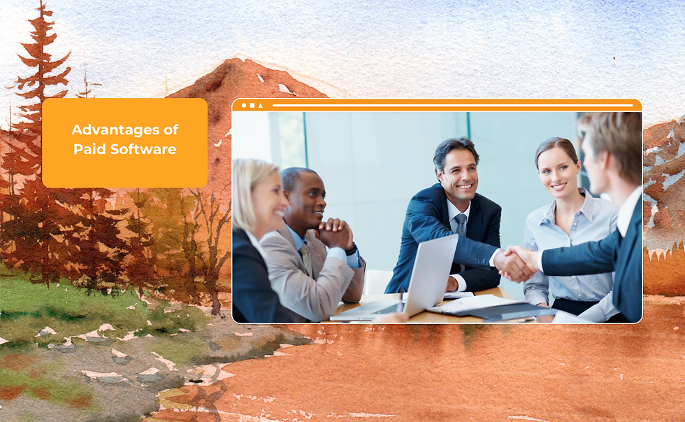 Background illustration with text and picture. Text: “Advantages of Paid Software”. Picture: A group of people with a pair shaking their hands agreeably.