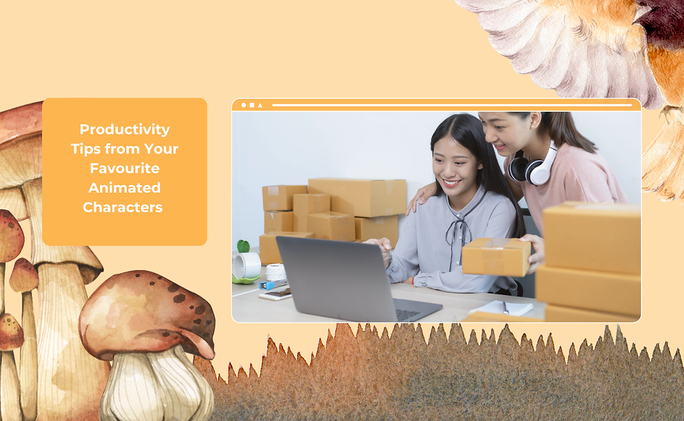 Photo with background illustration. Photo: Two people looking at a laptop, surrounded by shipping boxes. Text: Learn Productivity Lessons from Your Favourite Animated Characters