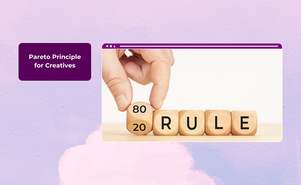Background illustration with photo, a row letter block showing 80/20 rule with a hand lifting the number showing two sides of the letter block and text, “Pareto Principle for Creatives”.