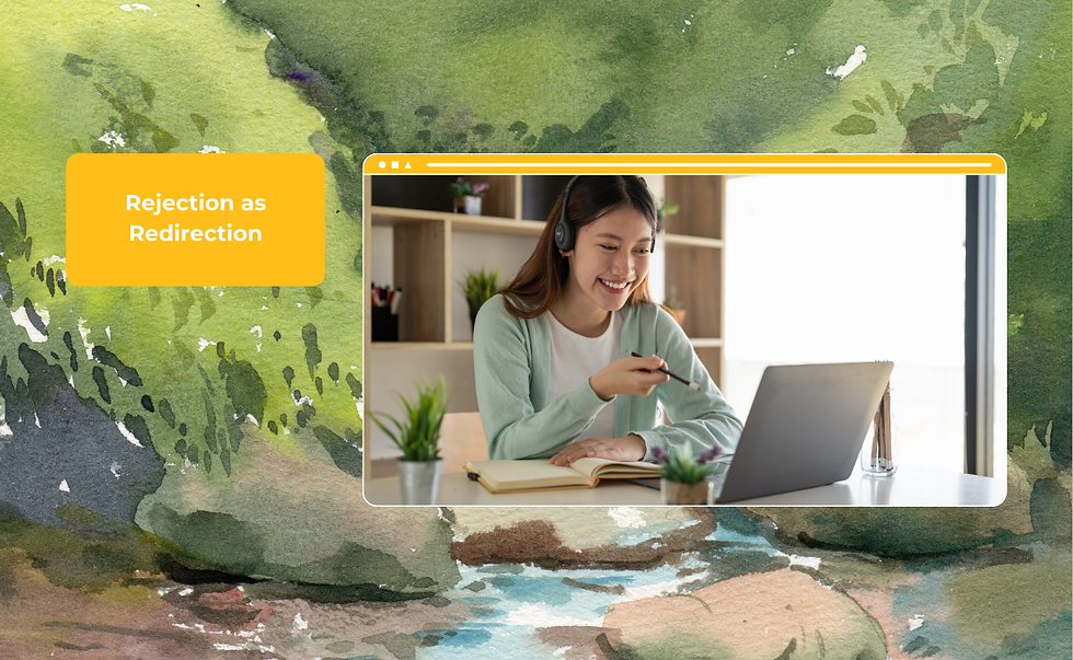 Background illustration with text and pictures. Text: “Rejection as Redirection”. Picture: A person in front of a laptop with a notebook and a pencil.