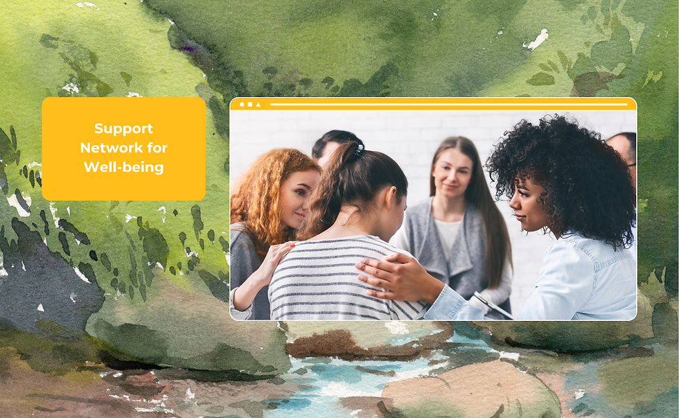 Photo with background illustration and text. Photo: A group of people sitting together, and two people touching one person’s shoulder. Text: Support Network for Well-being