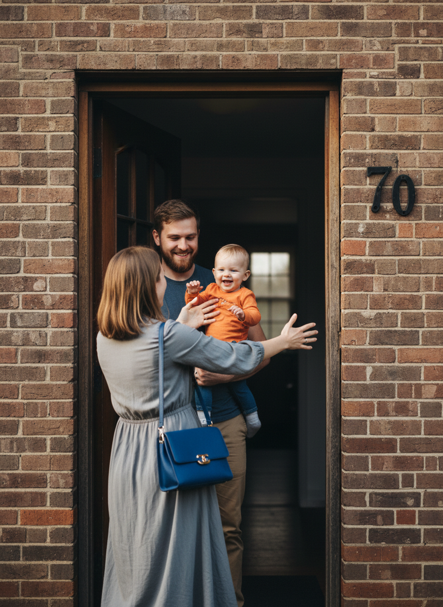 Co parents handing over child smiling