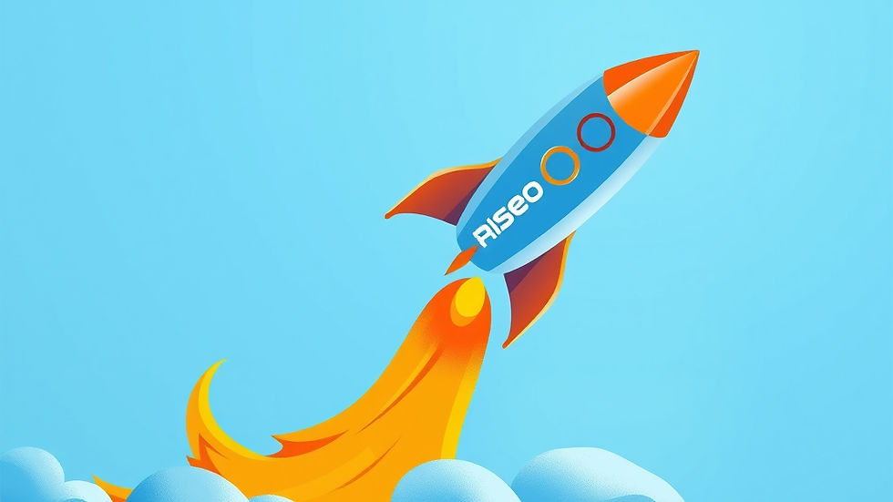 Blue rocket with "RiSEO" text, launching with fiery orange flames. Set against a bright blue sky with fluffy clouds, conveying excitement.