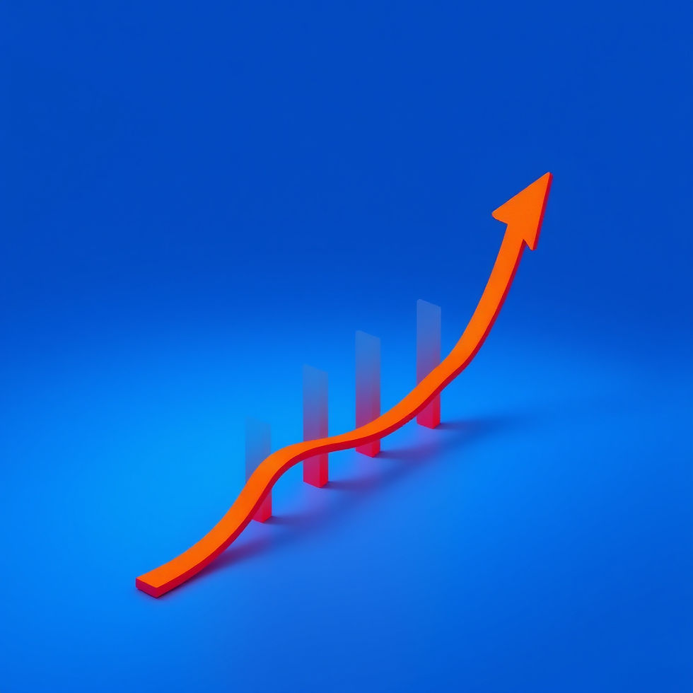 Orange upward arrow with bars on a blue background, suggesting growth or progress. Vibrant colors convey a positive, dynamic mood.