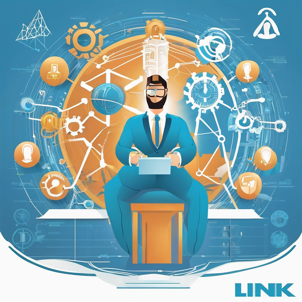 Man in a blue suit and VR headset sits at a desk, surrounded by gears and tech icons on an orange-blue background. Text: LINK.
