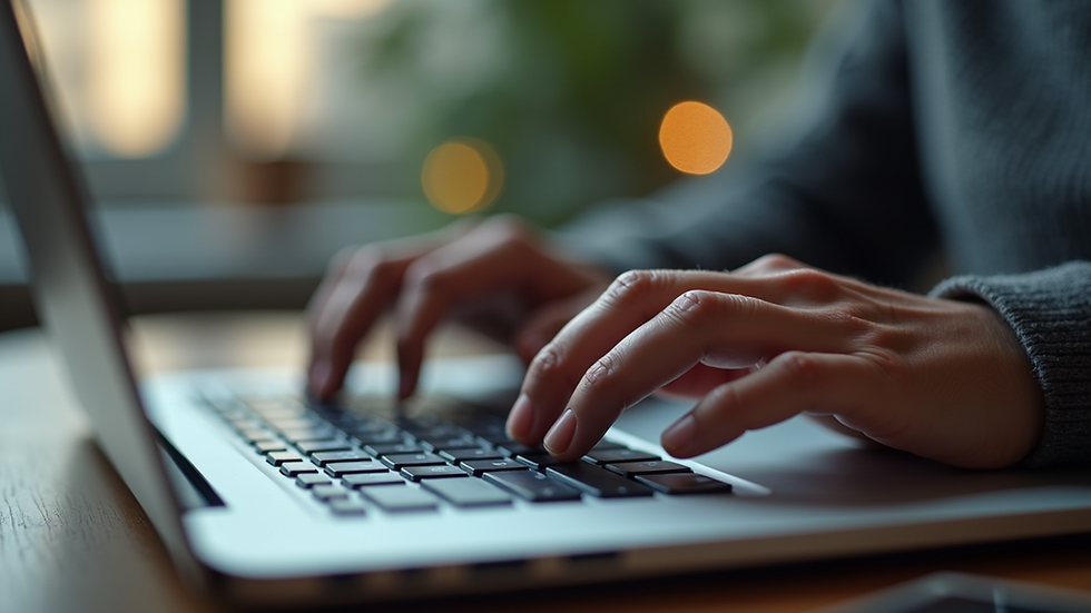 Close-up view of a person typing on a laptop keyboard with SEO tools open