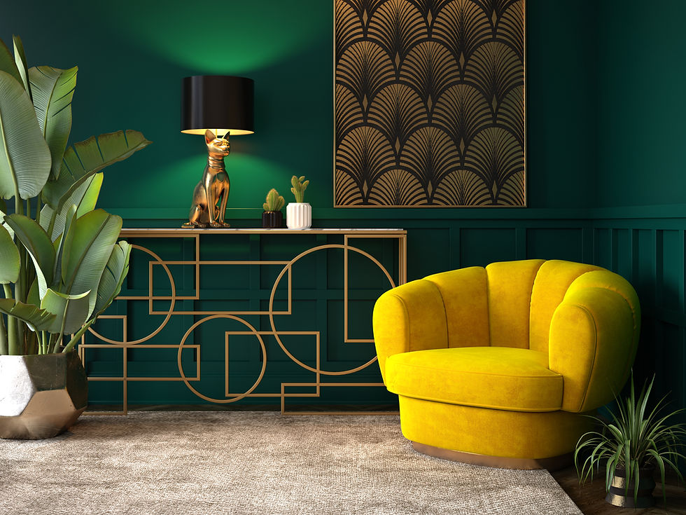Image of luxury living room, with a yellow seat and green with gold details on the walls