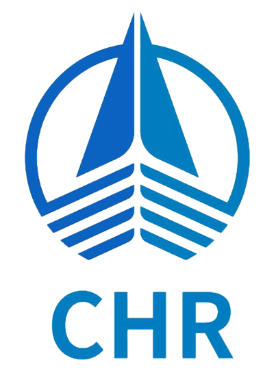 Blaues Logo mit Schriftzug CHR, abstraktes Symbol, minimalistisches Design.