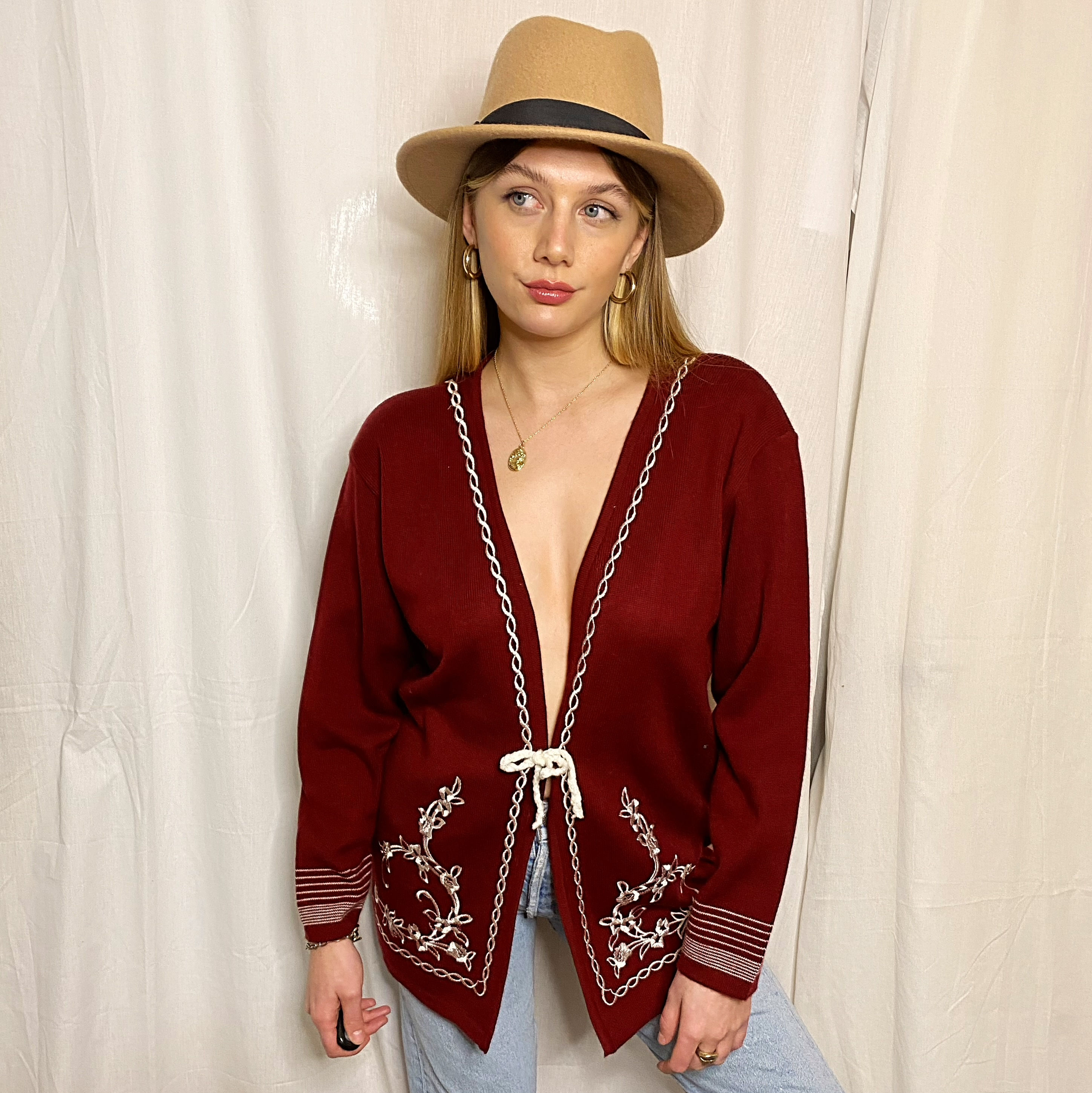 Womens Red Embroidered Cardigan