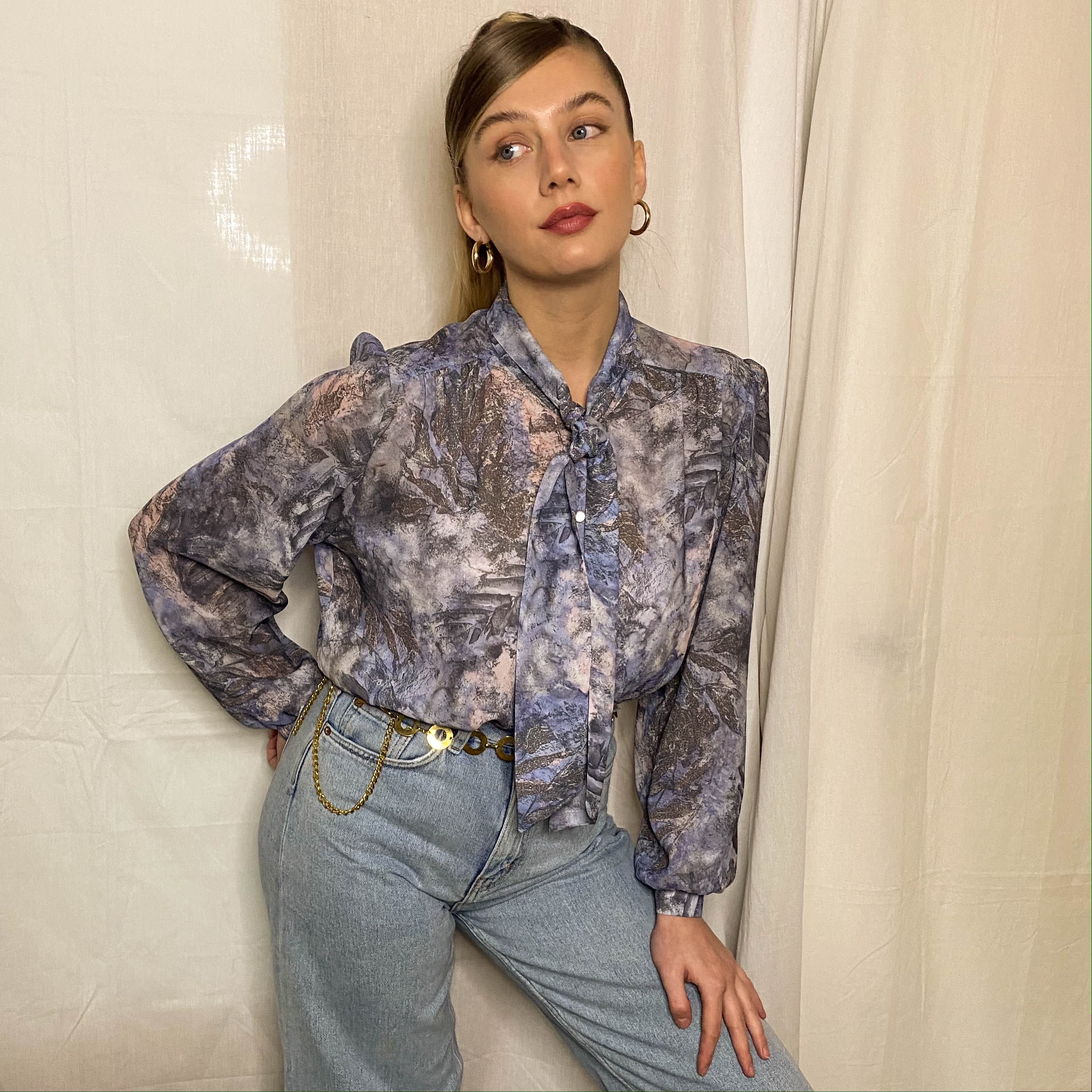 Womens Marble Pattern Pussy Bow Blouse