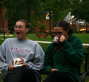 Collegiate Ceramic Mug On Campus with two friends talking after class