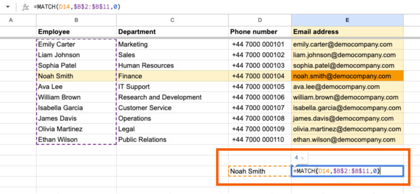 Example of the MATCH function for rows in Google Sheets