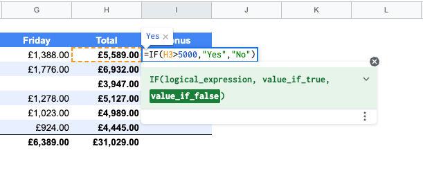 IF Function example showing the value_if_true and value_if_false arguments in Google Sheets