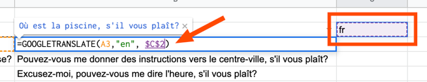 Google Translate example in Google Sheets showing the target language argument as a dynamic cell