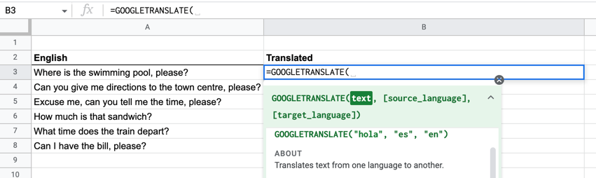 Google Translate example in Google Sheets showing the Google Helper window