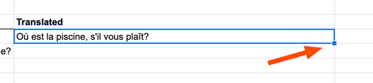 Google Translate example in Google Sheets showing copy down square