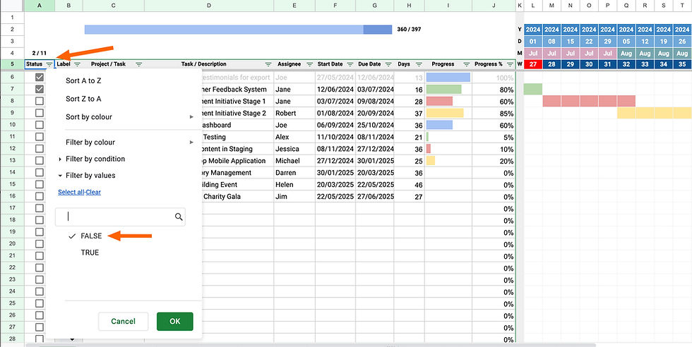 Filtering tasks in a Gantt Chart in Google Sheets