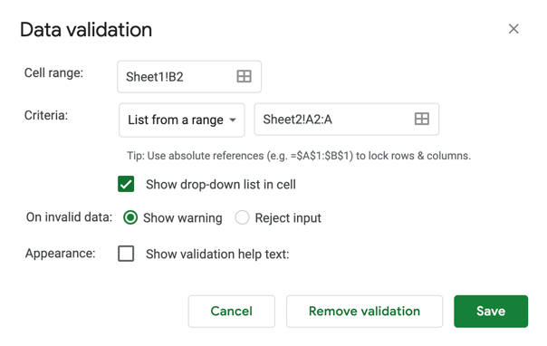Data Validation window in Google Sheets