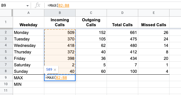 MAX Function select range in Google Sheets