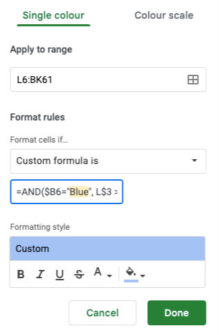 Adjusting a custom formula in conditional formatting in Google Sheets