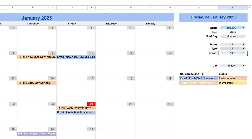 Calendar sheet in the marketing planner Google Sheet template