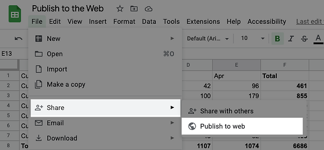 Publish to web menu in Google Sheets