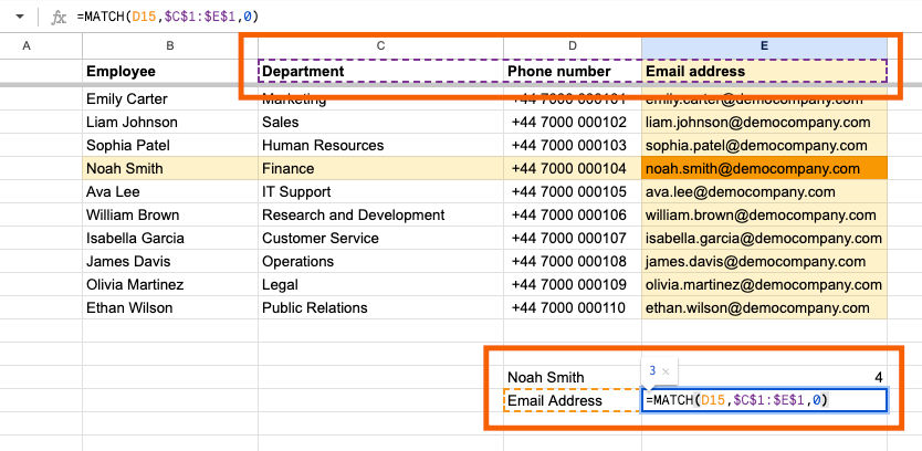 Example of the MATCH function for columns in Google Sheets