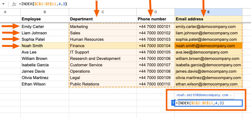 Example of the INDEX function in Google Sheets