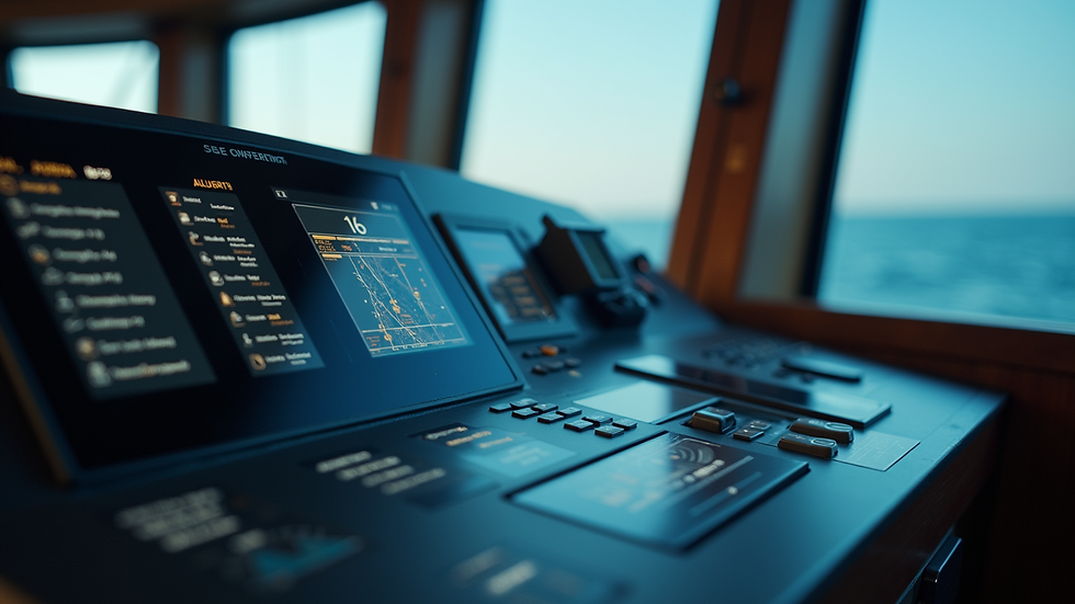 Close-up view of a ship's navigation system with digital interface
