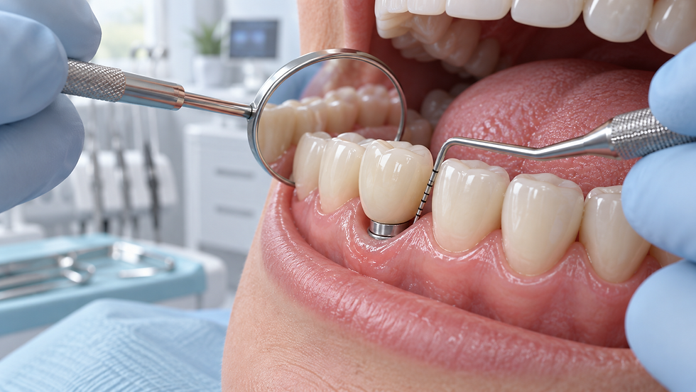 Examen de contrôle d'un implant dentaire à l'aide d'un miroir et d'une sonde parodontale.