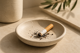 Cigarette éteinte dans une coupelle en céramique illustrant l'impact du tabac sur les tissus parodontaux.